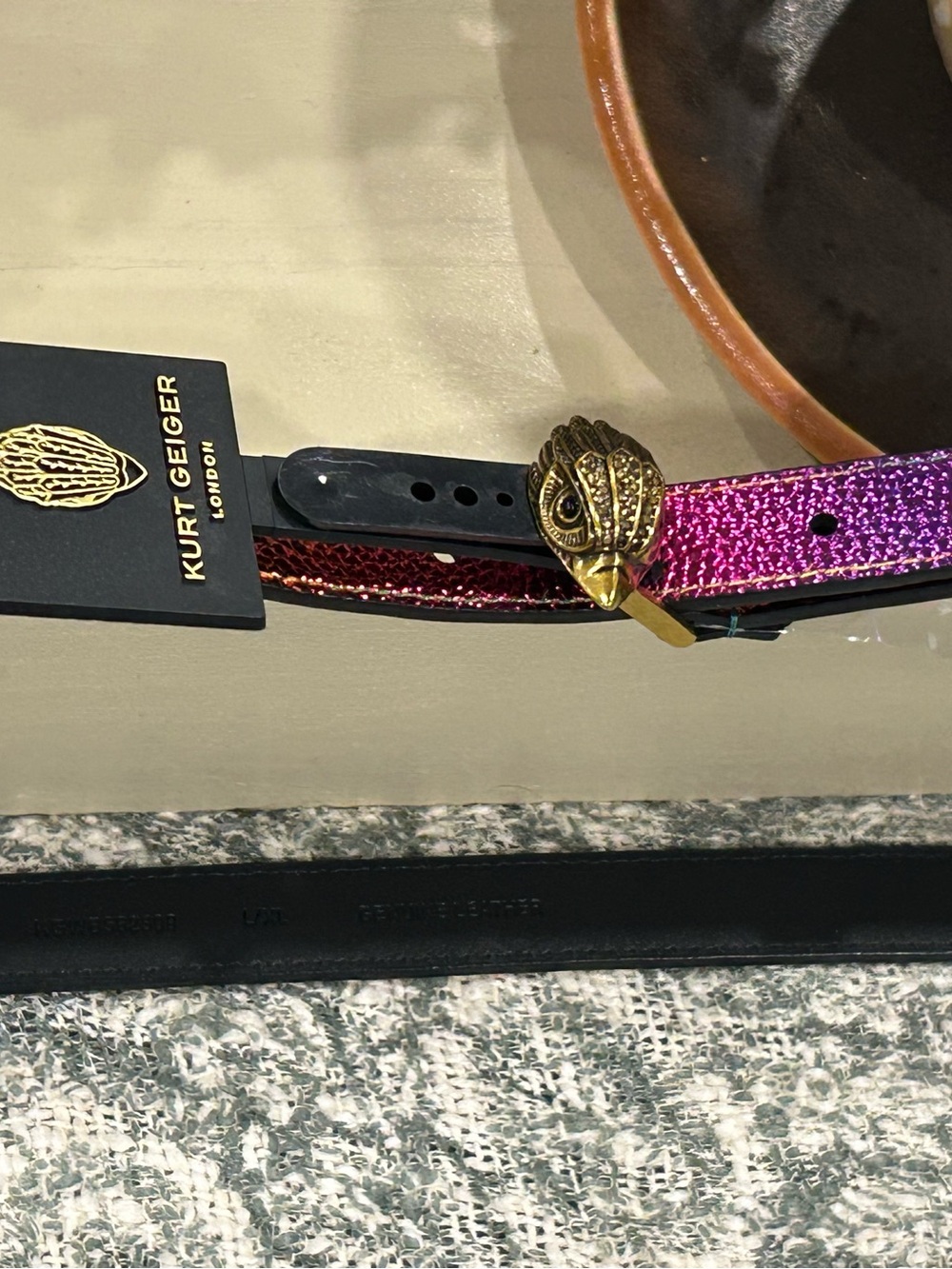 Kurt Geiger Multicolor Metallic Skinny Belt with Gold Buckle. L/XL